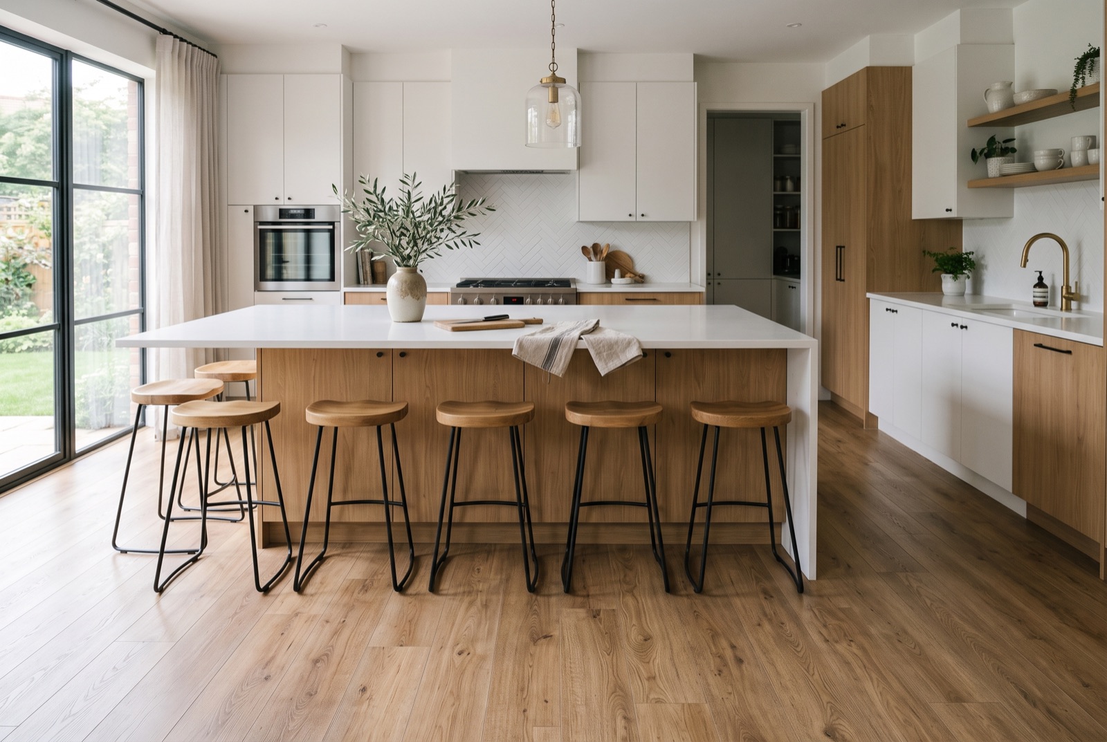 Moderne keuken met PVC vloer in warm eiken